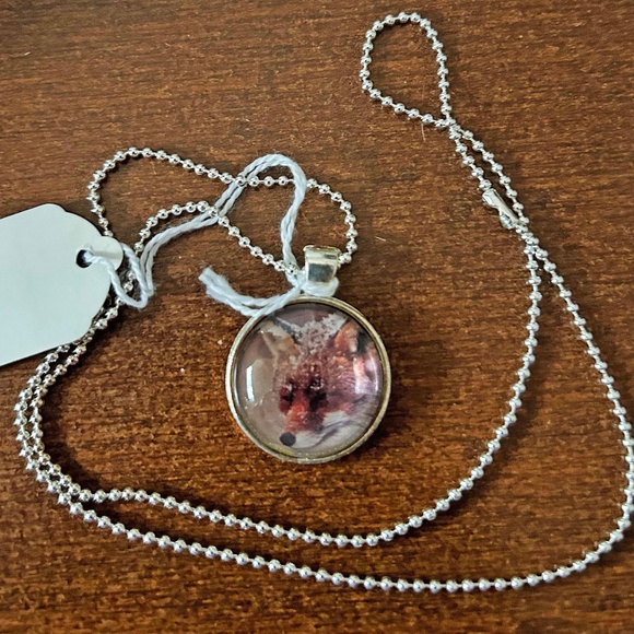 FOX FACE PENDANT NECKLACE, HANDMADE, GLASS DOME ON METAL, 23 INCH SILVER-TONE - Picture 2 of 3